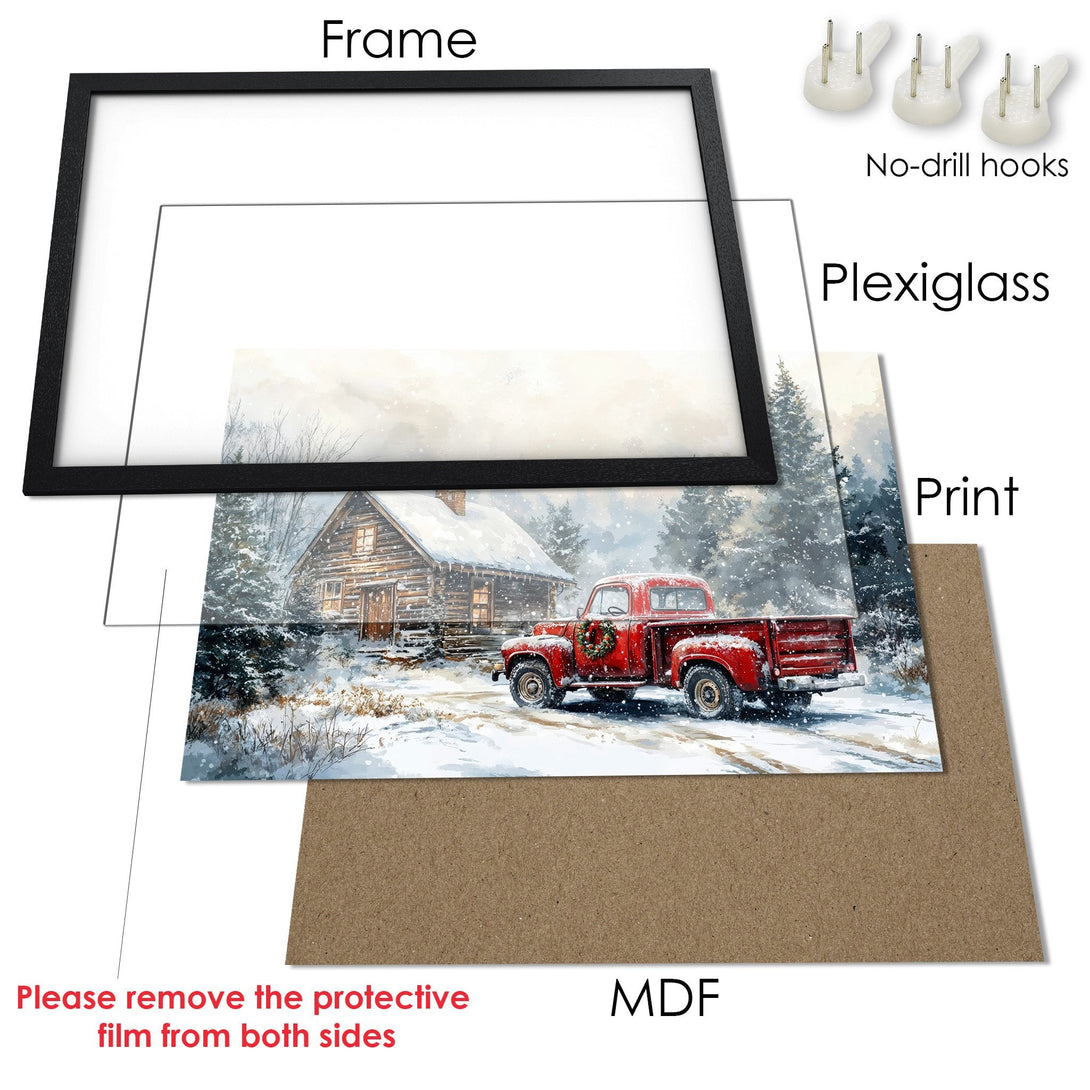Framed Poster of a red truck & cabin in a winter scene. Watercolor style, warm color palette. Perfect wall art!