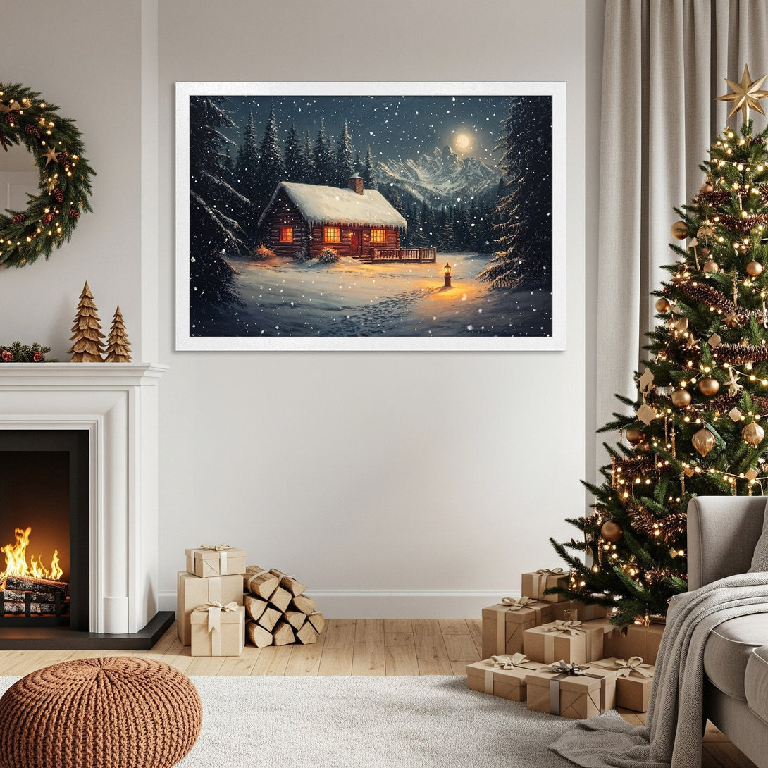 Framed Poster of a cozy winter cabin scene, artistic style with a cool, snowy blue and warm orange palette. Perfect holiday decor!