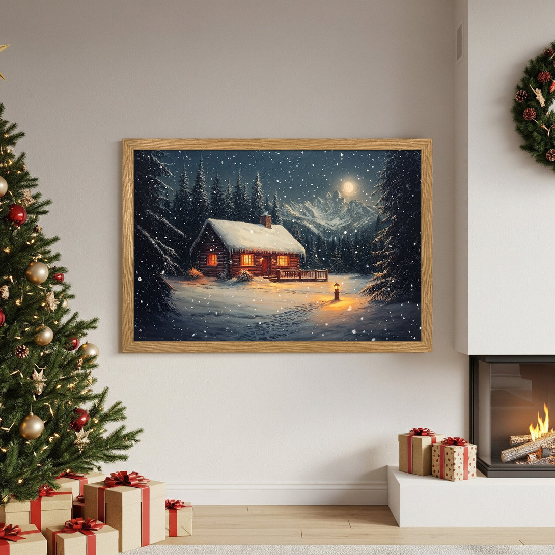 Framed Poster of a cozy winter cabin scene, featuring a snowy landscape. Warm, inviting colors perfect for holiday decor.