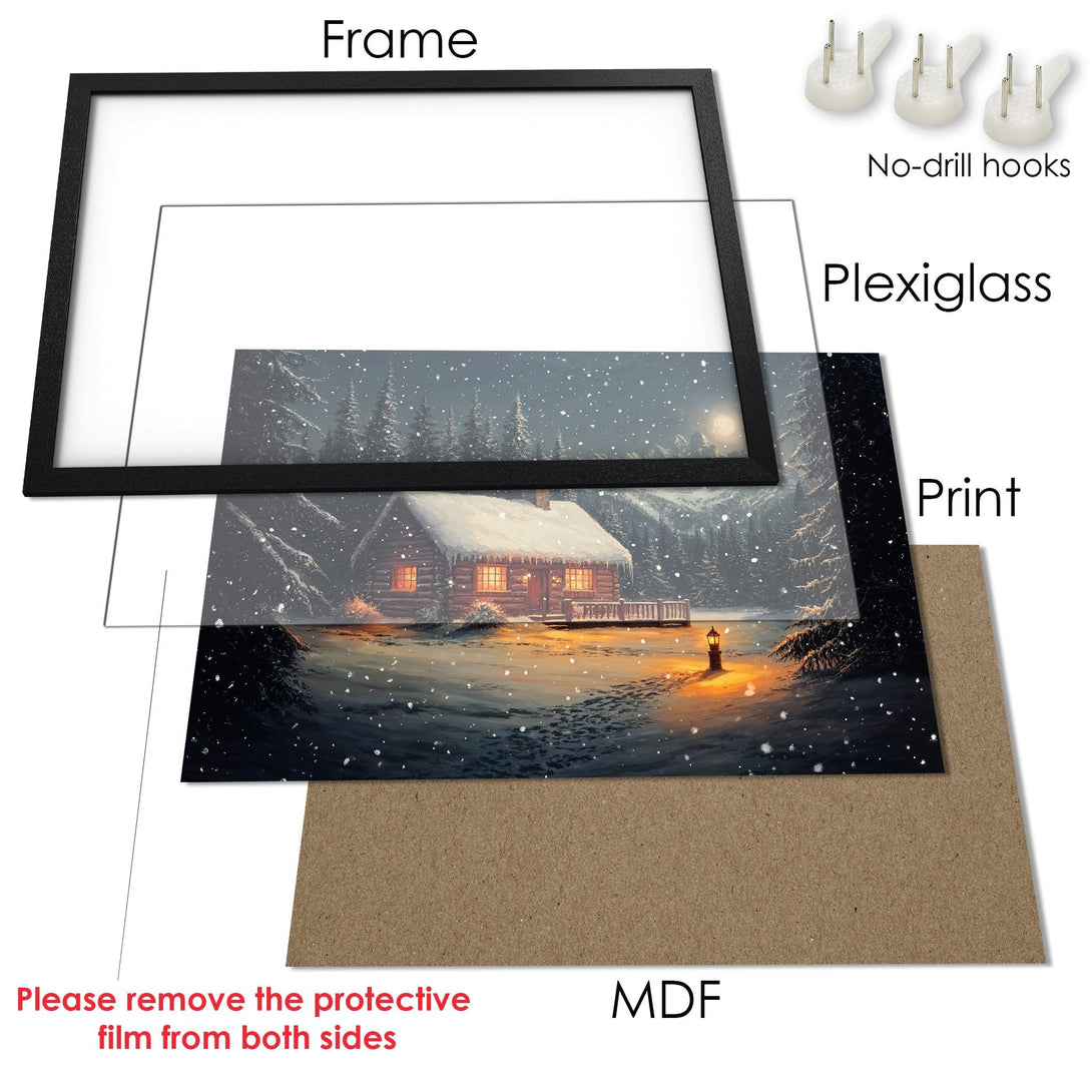 Framed Poster of a cozy cabin in a winter scene. Featuring a warm color palette and a peaceful, illustrative style. Perfect wall art!