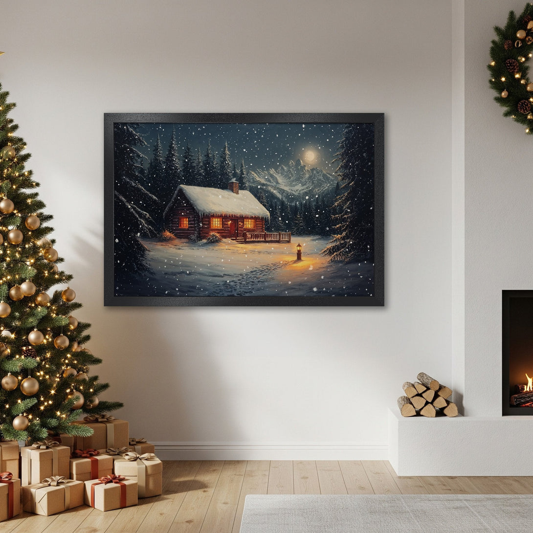 Framed Poster featuring a cozy winter cabin scene. Rustic style with a dark, snowy palette. Perfect holiday decor!
