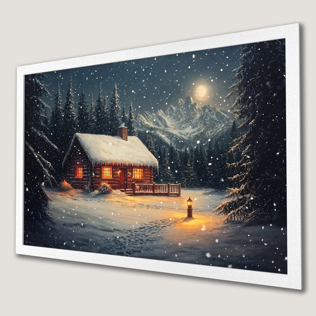 Framed Poster of a cozy winter cabin scene. Digital painting style with a cool blue and warm orange color palette, perfect for holiday decor.