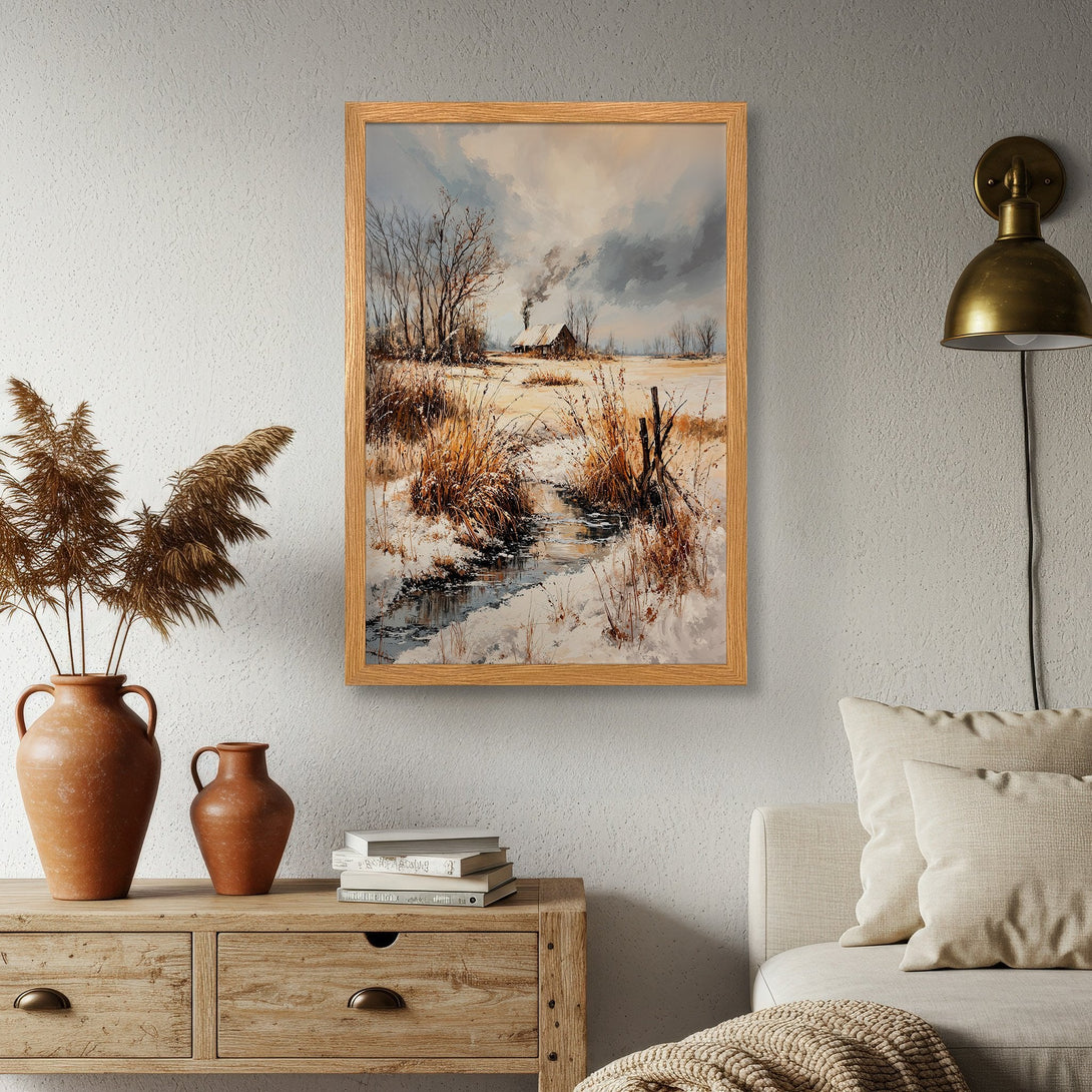 Framed Poster of a winter landscape painting in warm, neutral tones. Rustic art for cozy home decor.