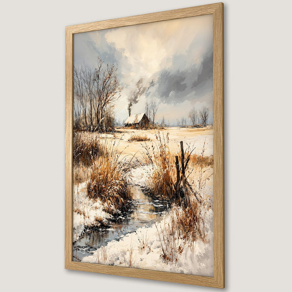 Framed Poster of a winter landscape painting with a cabin, featuring a neutral color palette and impressionistic style.