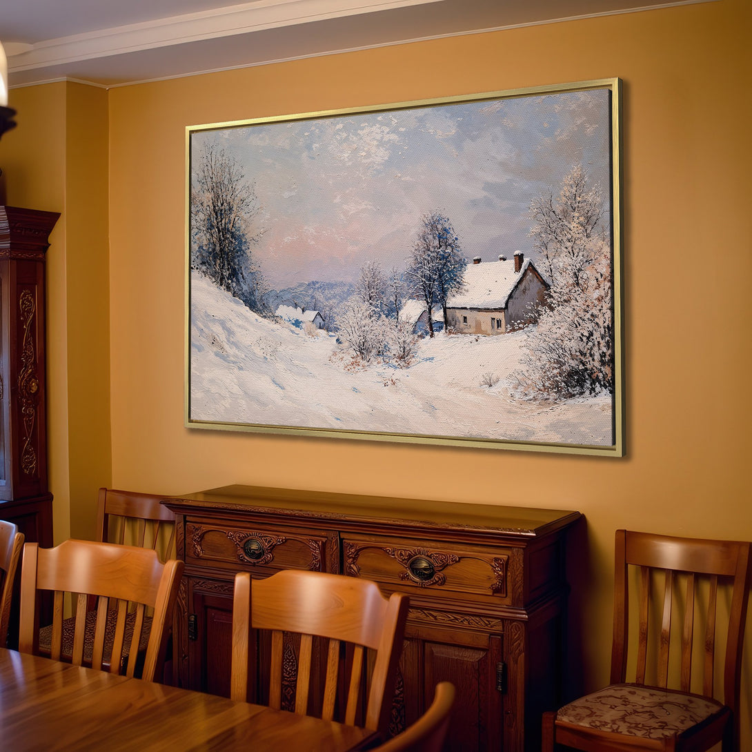 Canvas Print of a winter landscape painting in a cozy living room. Features soft blues, whites, and beige tones for a serene, rustic aesthetic.