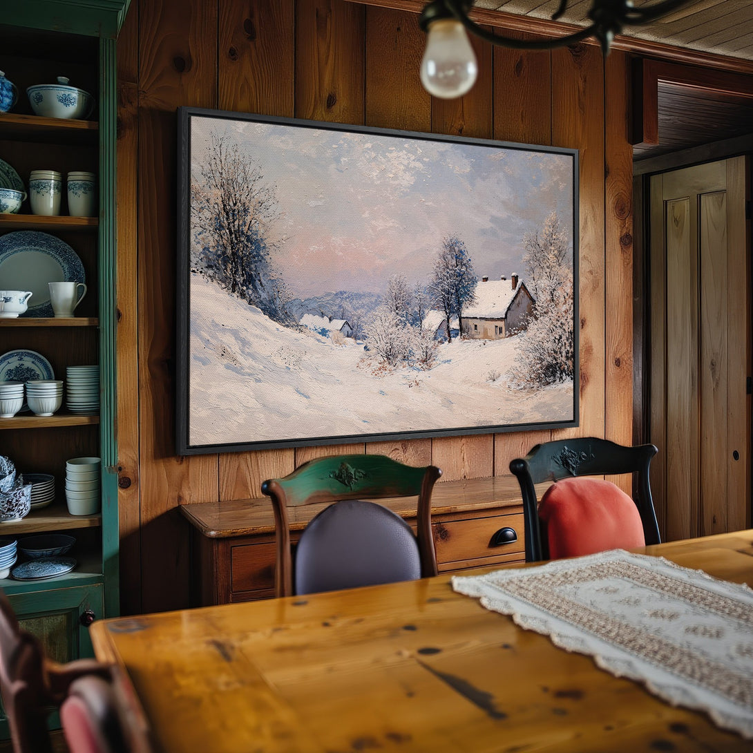 Framed Wall Art: Winter landscape Canvas Print in a cozy interior. Features a serene snowy scene with a soft, pastel color palette. Perfect for home decor!