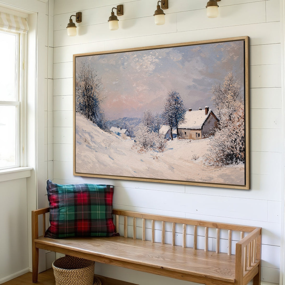 Framed Wall Art: Winter landscape canvas print with a snowy scene. Features a farmhouse style painting with a muted, cool color palette. Perfect for home decor.