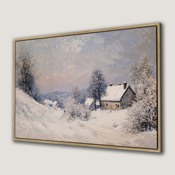 Framed Wall Art of a snowy winter landscape. Classic painting style with a soft, muted color palette of blues, whites, and browns. Perfect for cozy decor.