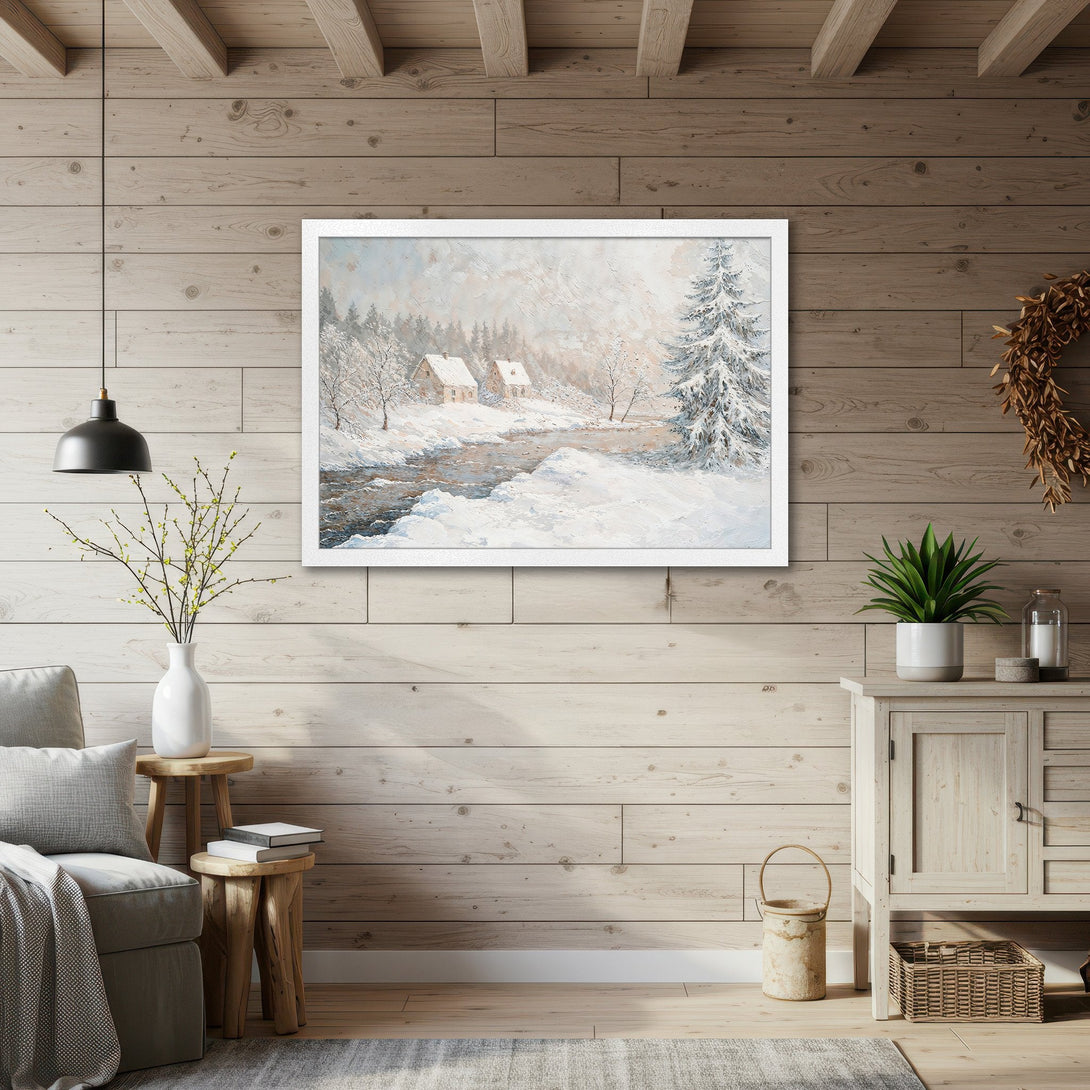 Framed Poster of a winter landscape painting in a cozy cabin style, featuring a snowy scene with a muted, cool color palette.