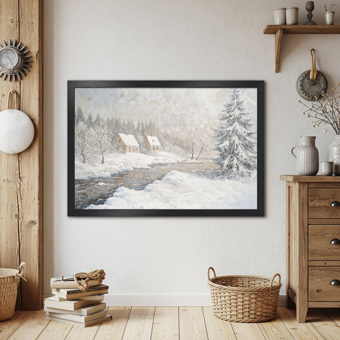 Framed Poster of a winter landscape painting in a rustic style, featuring a snowy scene with muted blues and whites.