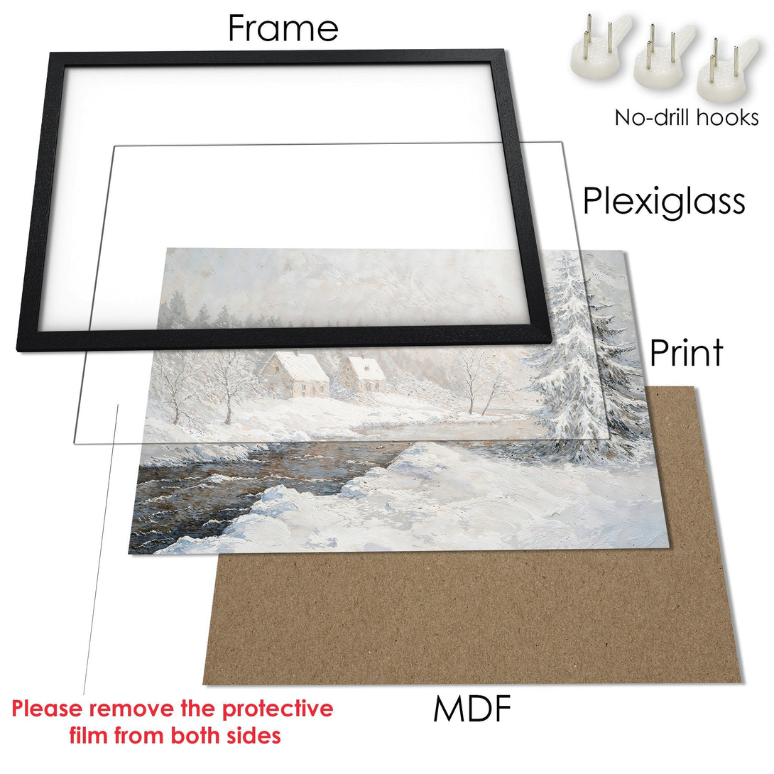 Framed Poster of a winter landscape painting in a neutral color palette. Perfect wall art for your home!