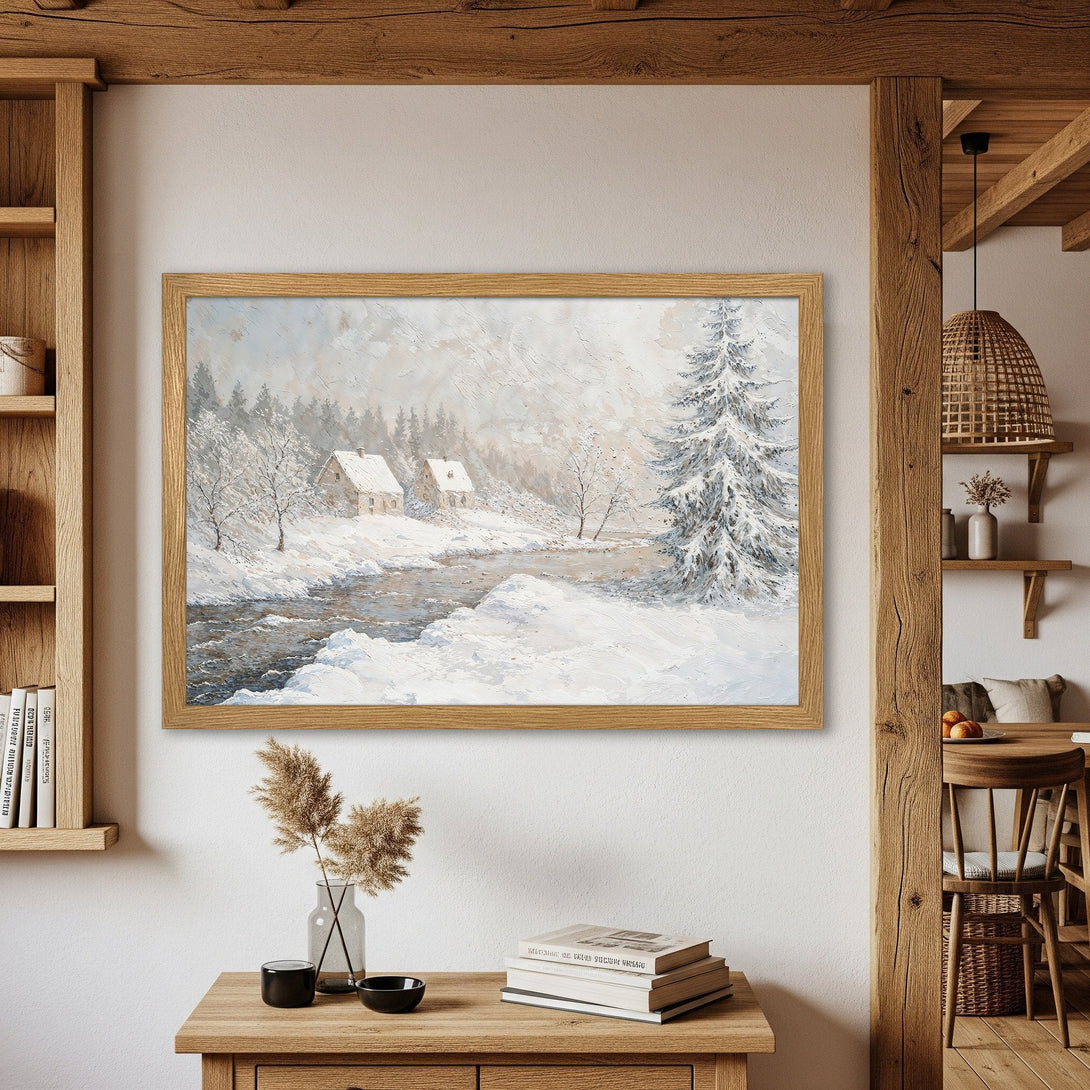 Framed Poster of a winter landscape painting in neutral tones. Rustic style art for cozy home decor.