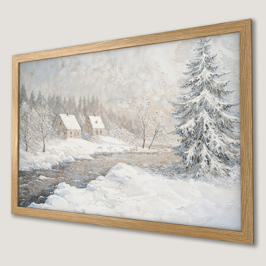 Framed Poster of a winter landscape painting in a neutral color palette. Cozy cabin art for your home decor.