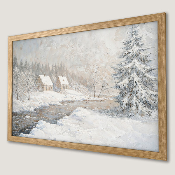 Framed Poster of a winter landscape painting in a neutral color palette. Cozy cabin art for your home decor.