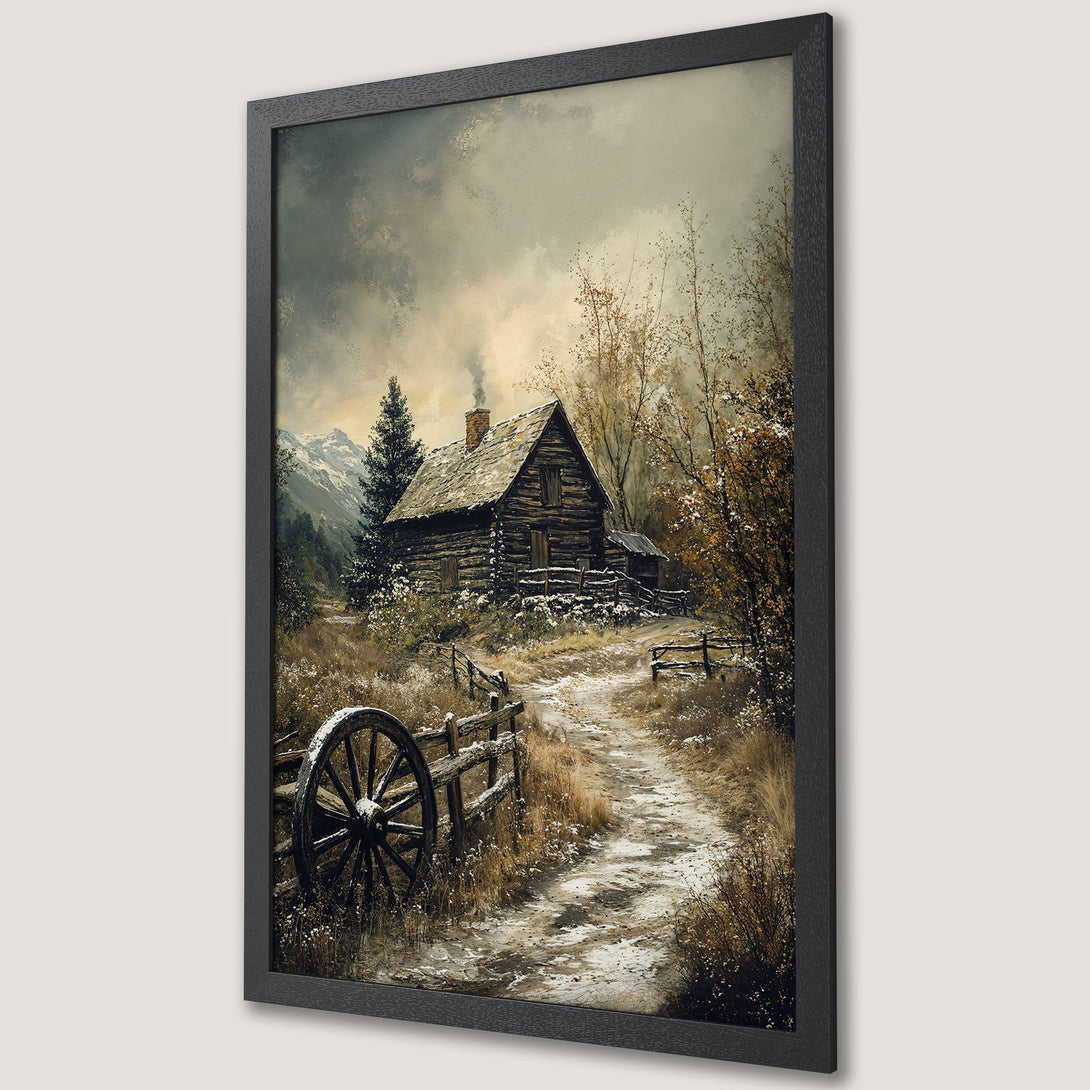 Framed Poster of a rustic cabin in a winter landscape. Featuring a muted color palette, this art print adds cozy charm to any space.