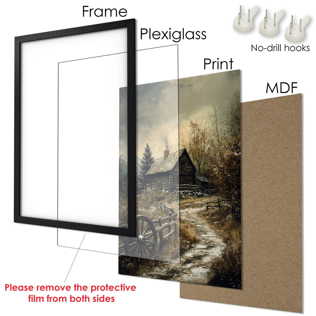 Framed Poster featuring a rustic cabin scene. Warm, earthy tones and a vintage style create a cozy aesthetic. Ready to hang!