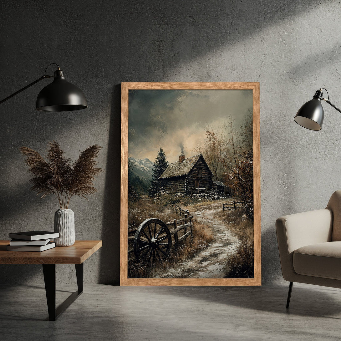 Framed Poster featuring a rustic cabin in a snowy landscape. Vintage style with a muted, earthy color palette. Perfect wall art!