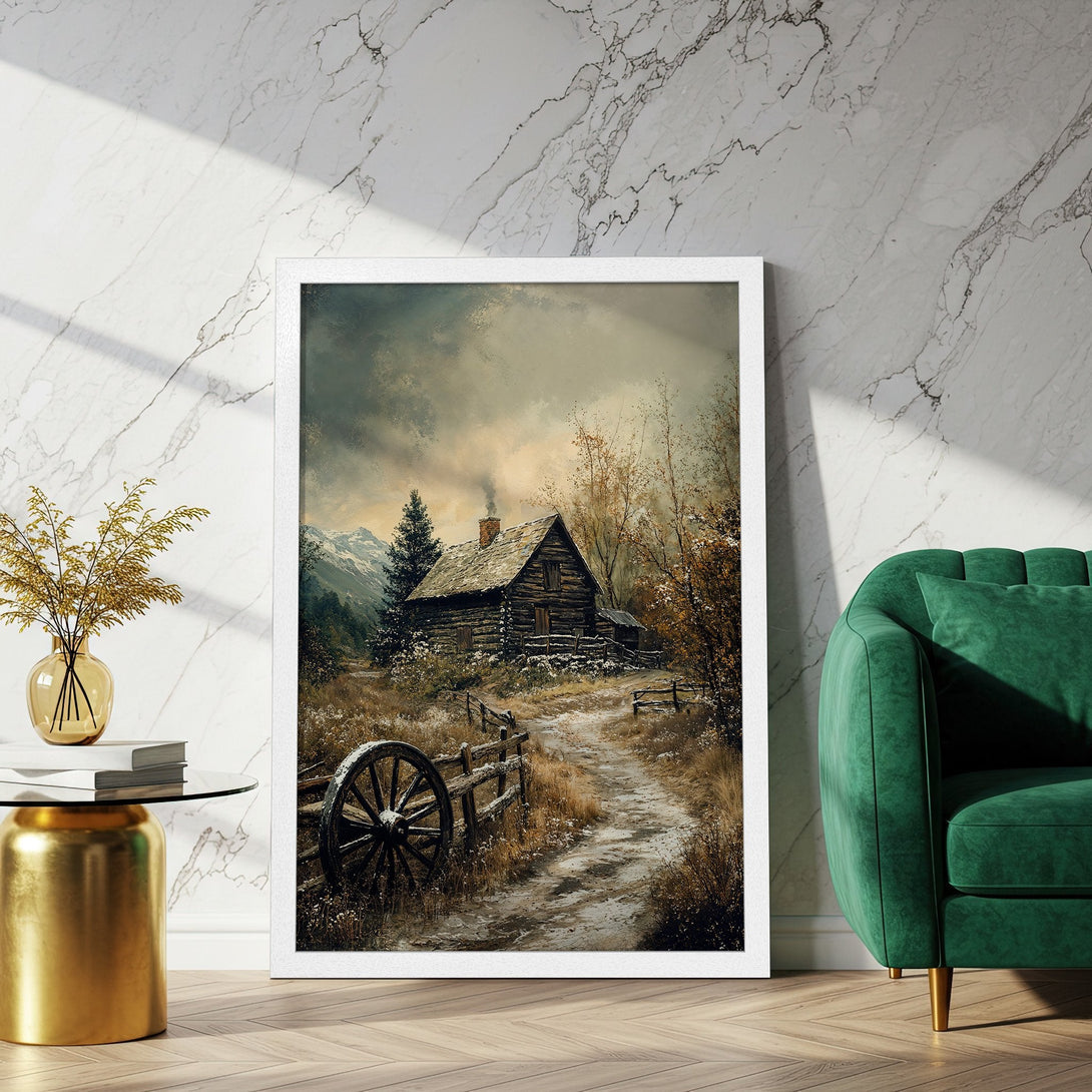 Framed Poster of a rustic cabin scene in a vintage style, featuring a muted color palette. Perfect for home decor!