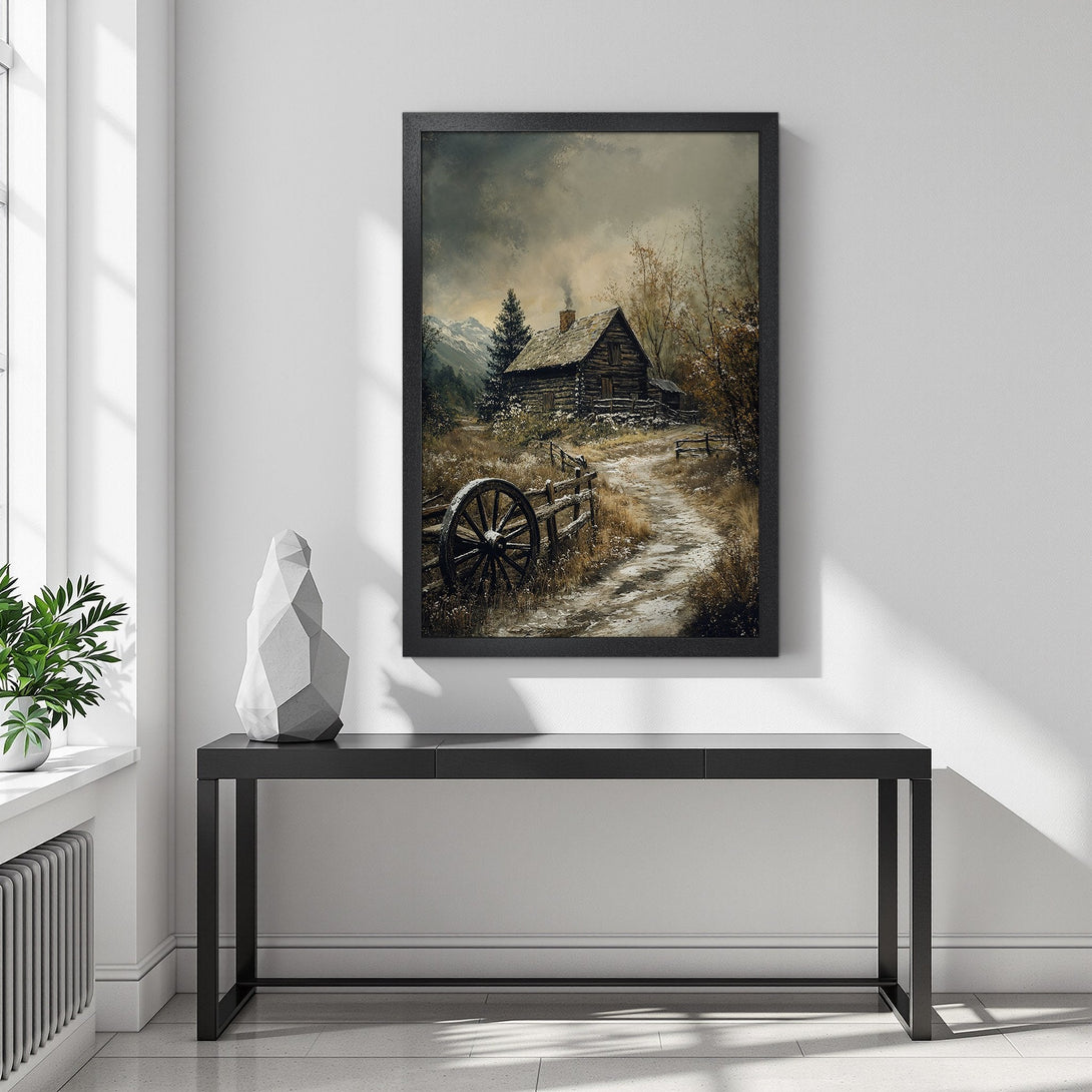 Framed Poster of rustic cabin scene, vintage style, with muted earth tones. Perfect wall art for your home!