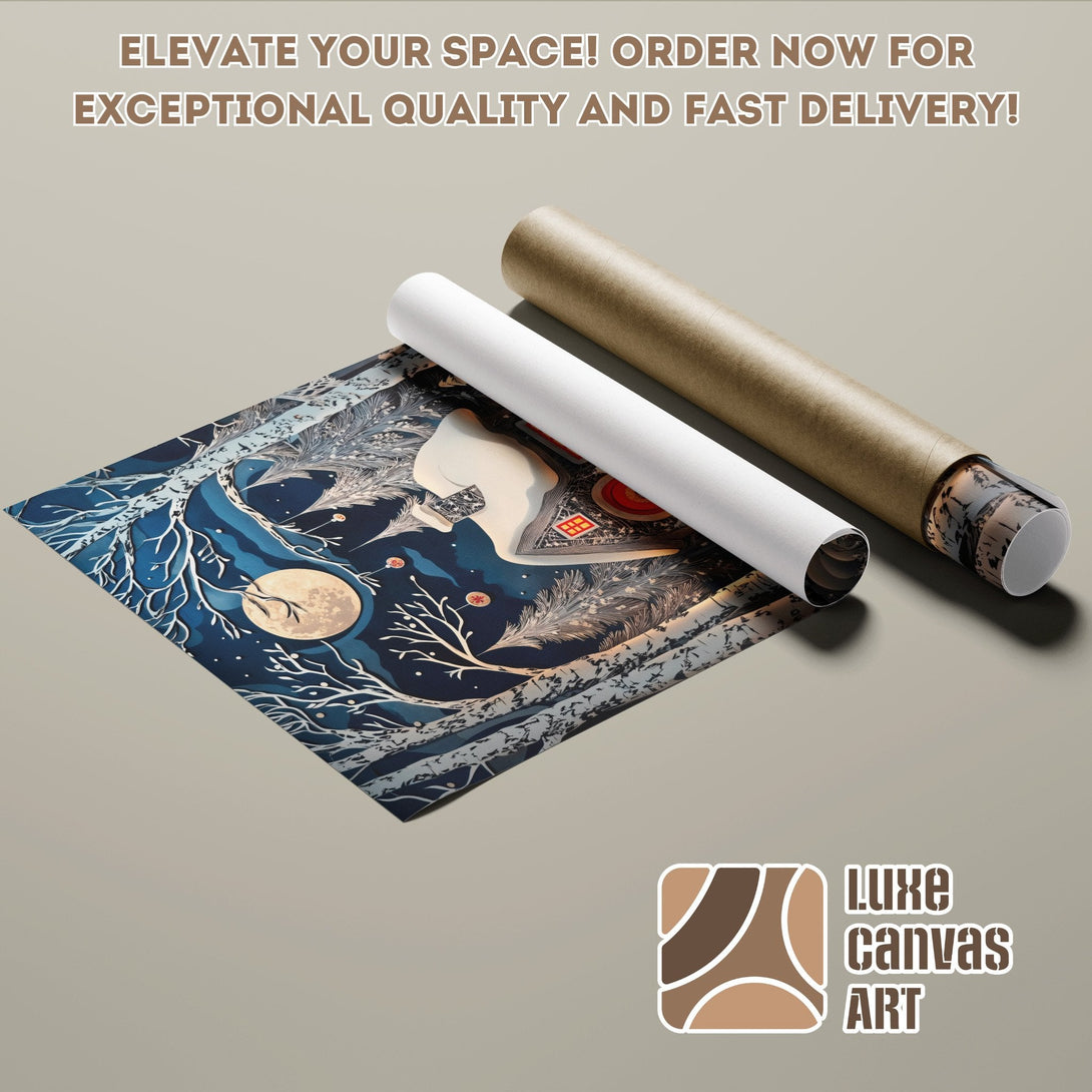 Poster Roll featuring a mystical forest scene in blue and white tones. Elevate your space with Luxe Canvas Art!