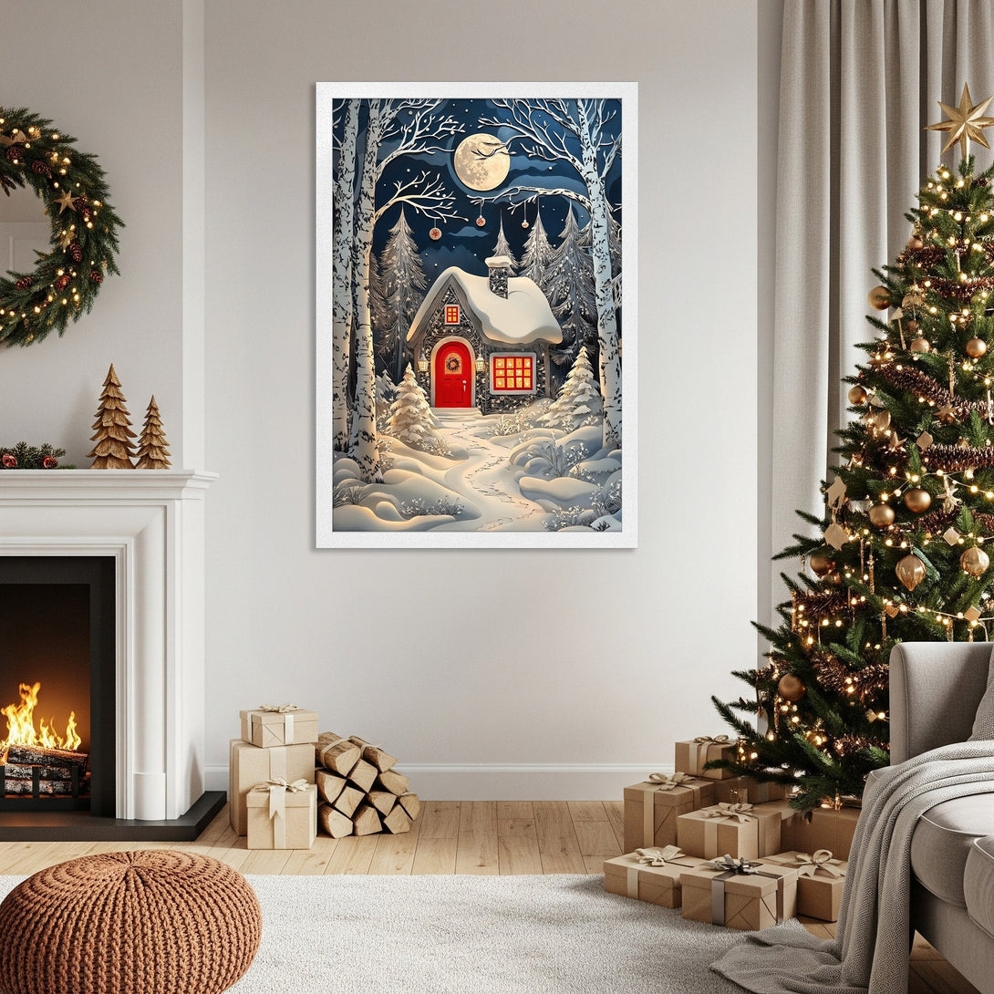 Framed Poster of a cozy winter cabin scene in a whimsical style with a blue, white, and red color palette. Perfect holiday decor!