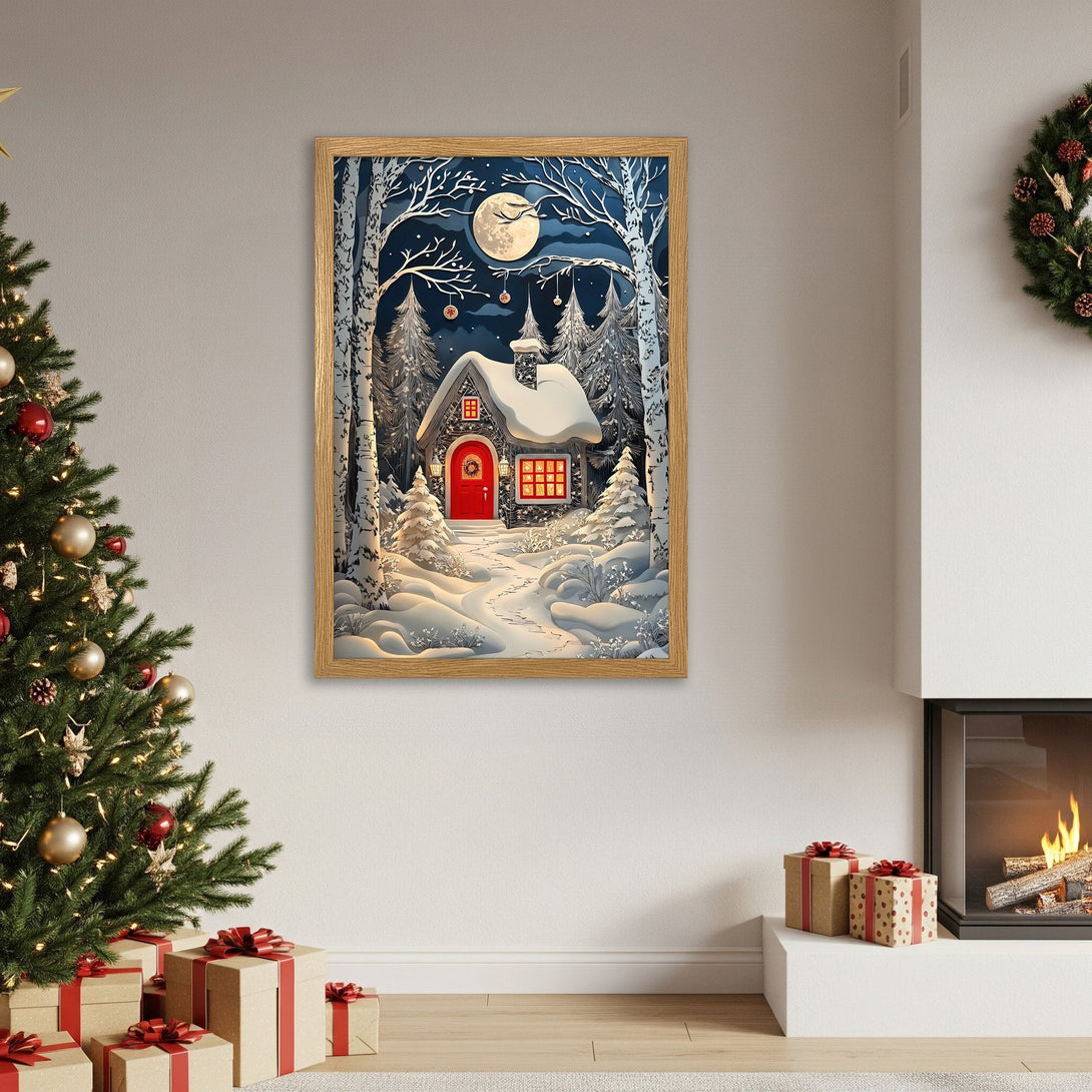 Framed Poster of a snowy winter scene with a cabin. Cozy holiday art in blue, white, and red. Perfect Christmas decor.