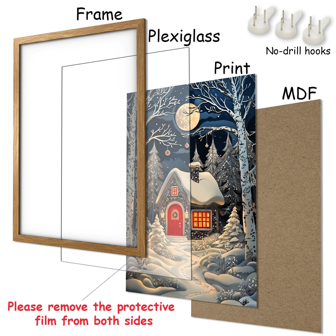 Framed Poster featuring a winter scene with a cozy cabin, in a serene blue and white palette. Perfect for holiday decor!