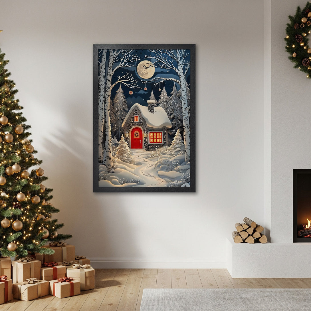 Framed Poster featuring a cozy winter cabin scene in a whimsical style, with a blue, white, and red color palette. Perfect holiday decor!
