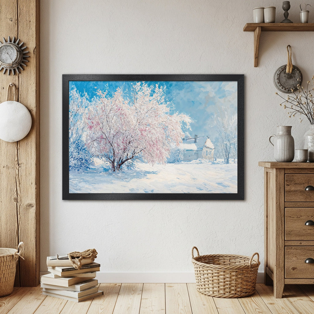 Framed Poster of a snowy winter scene with a house and pink tree, in a painterly style, blue and white color palette.