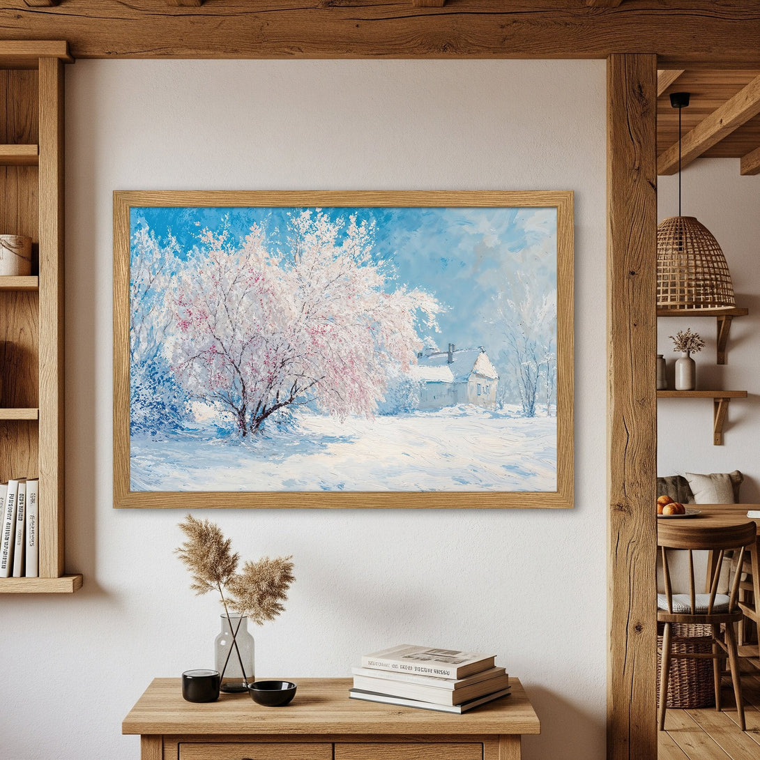 Framed Poster of a winter landscape painting. Features a snowy scene with a soft blue, white, and pink color palette. Perfect wall art for your home!