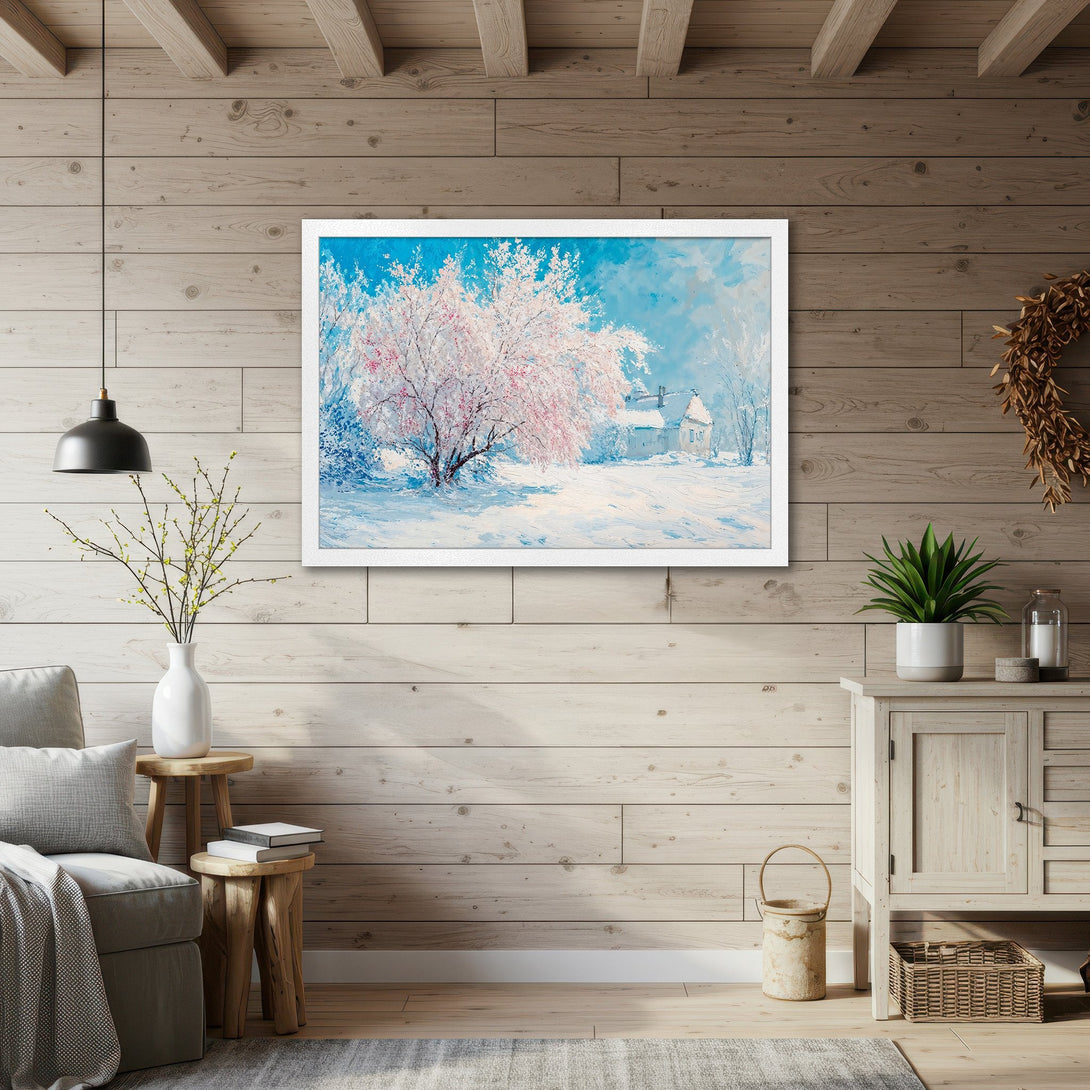 Framed Poster featuring a winter landscape with a pink tree, in a soft, impressionistic style with a cool blue and white palette. Perfect wall art!