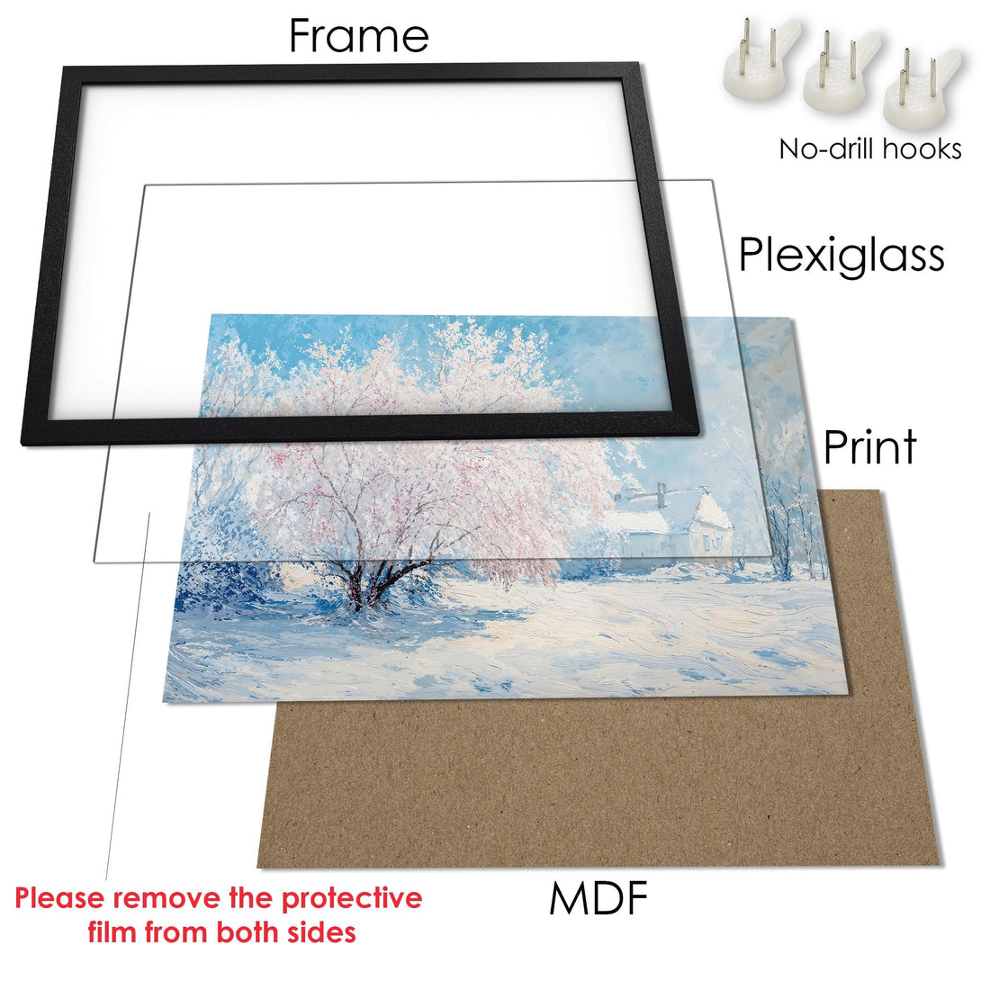 Framed Poster of a winter landscape painting in a black frame. Features a blue and white color palette, perfect for home decor.