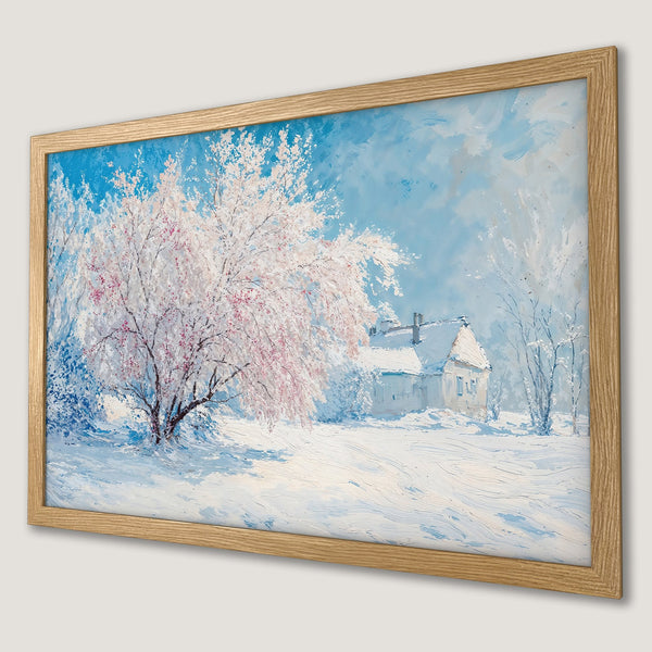 Framed Poster of a winter landscape with a textured, impressionistic style. Features a blue, white, and pink color palette.
