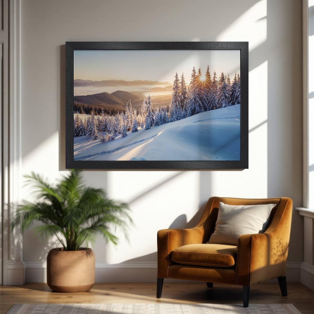 Framed Poster of a snowy mountain landscape with warm sunlight. Nature-inspired art in a neutral, warm color palette. Perfect wall decor.