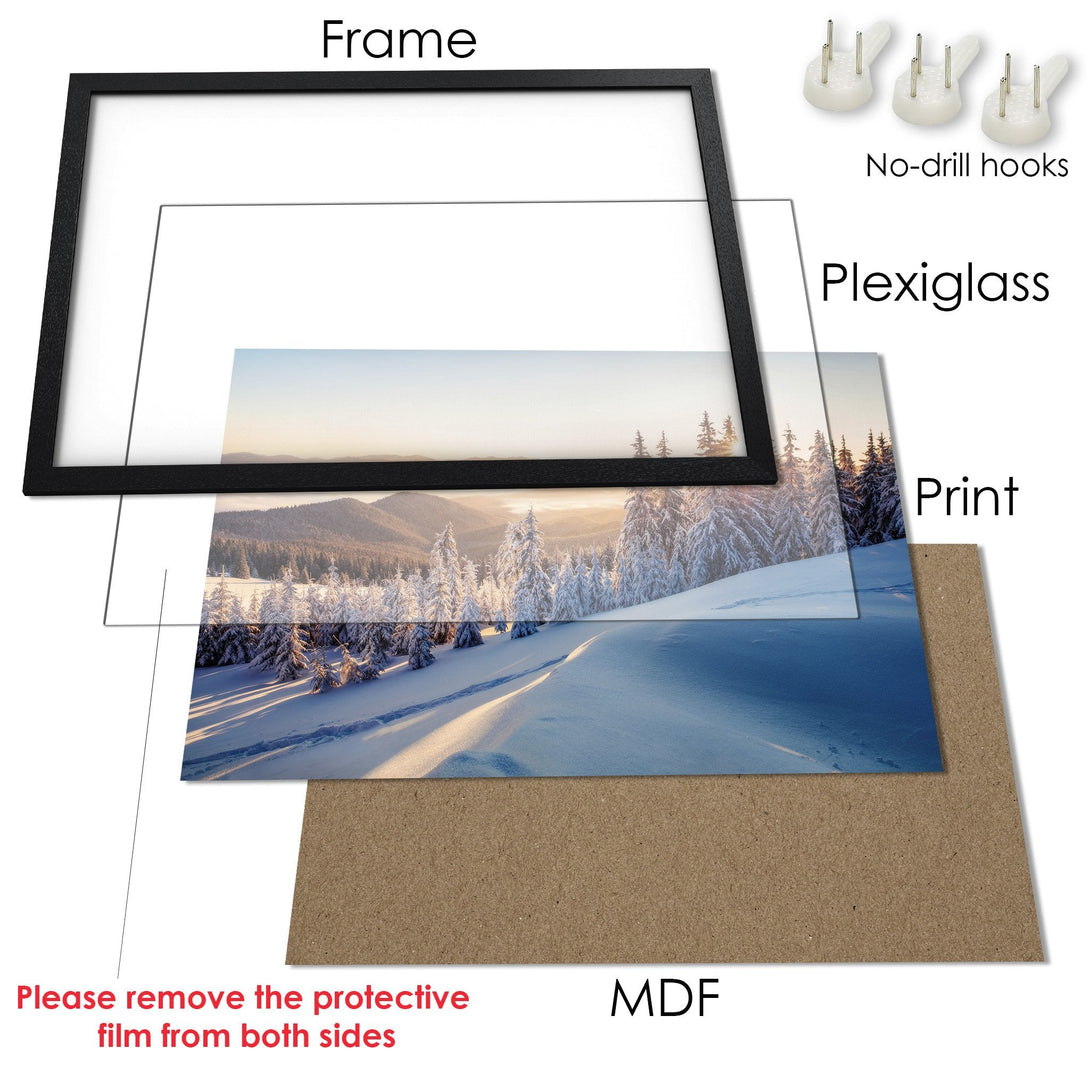 Framed Poster of a snowy winter landscape. Serene style, with a cool blue and warm golden color palette. Perfect wall art!