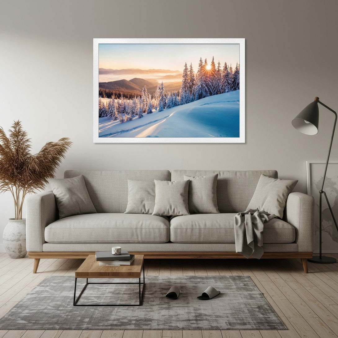 Framed Poster of a snowy mountain landscape with a warm color palette. Perfect for home decor.