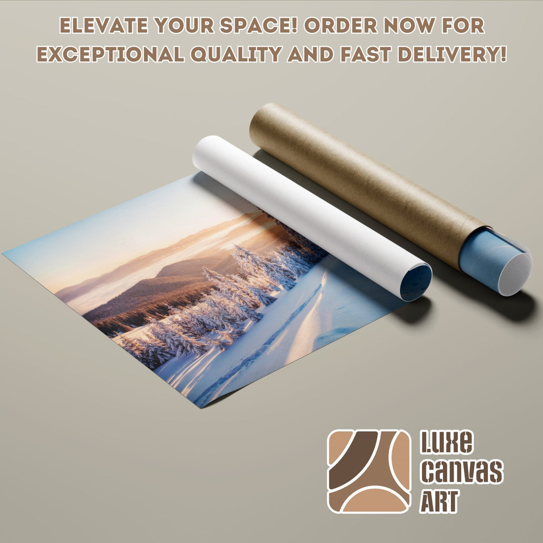 Poster Roll of a winter landscape art print, warm colors. Elevate your space!