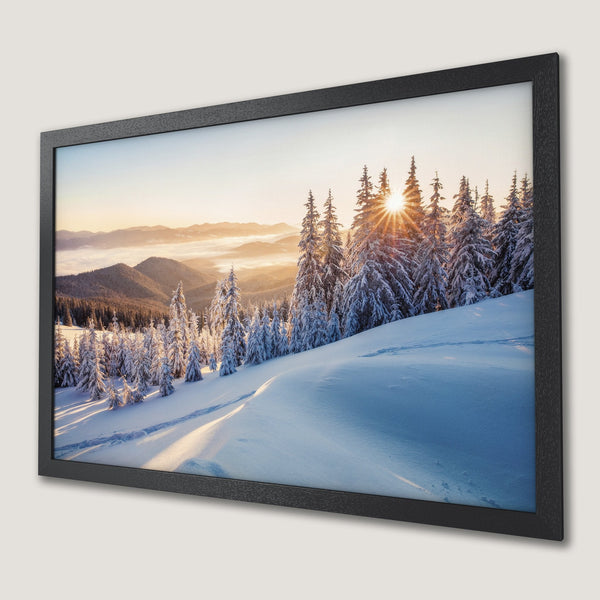 Framed Poster of a snowy winter landscape with a warm color palette. Perfect wall art for your home!
