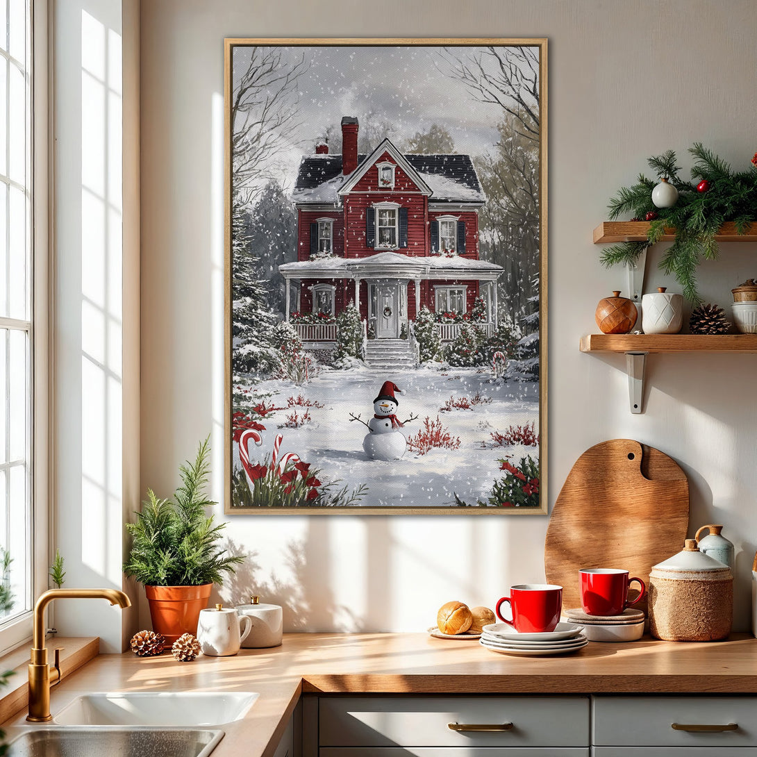 Framed Wall Art: Cozy winter scene of a red house and snowman in a snowy landscape. Warm, inviting color palette perfect for holiday decor.