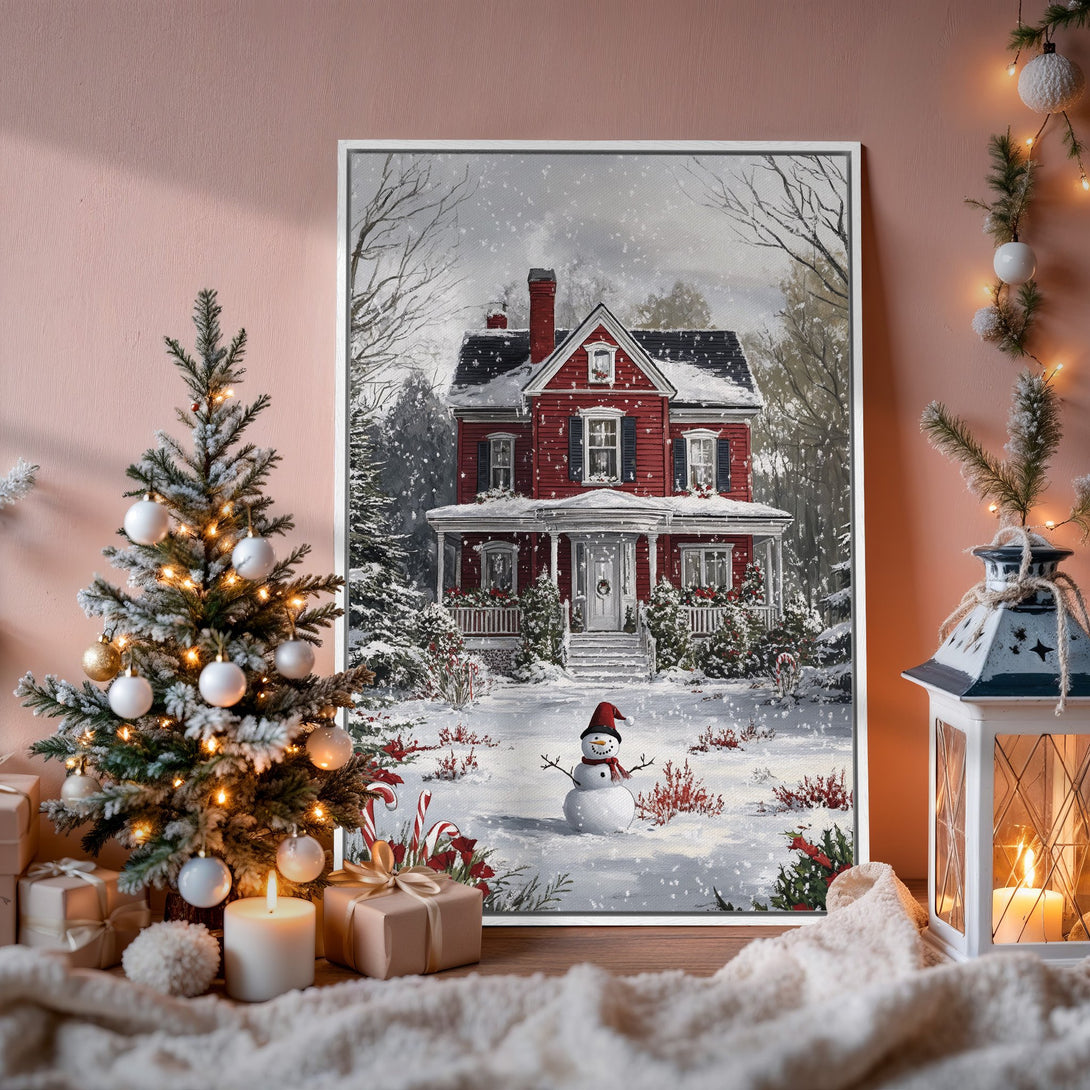 Framed Wall Art: Winter scene with a red house and snowman. Cozy, festive decor with a warm, neutral color palette. Perfect for holiday home accents.