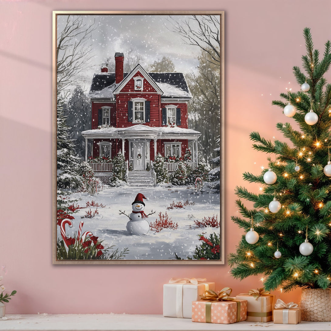 Framed Wall Art featuring a cozy winter scene with a red house, snowman, and snow. Warm, inviting color palette perfect for holiday decor.