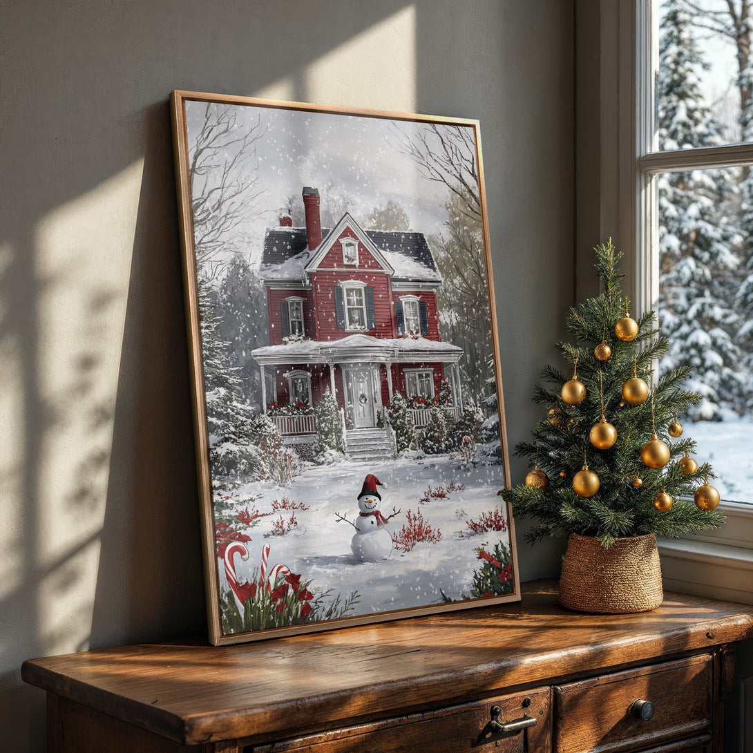Framed Wall Art: Cozy winter scene Canvas Print featuring a red house in a snowy landscape. Warm, inviting colors perfect for holiday decor.