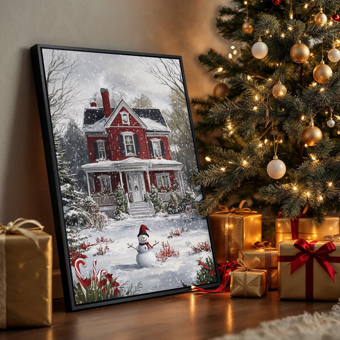 Framed Wall Art: Winter scene with a red house and snowman. Cozy, festive art with a warm, inviting color palette. Perfect for holiday decor.