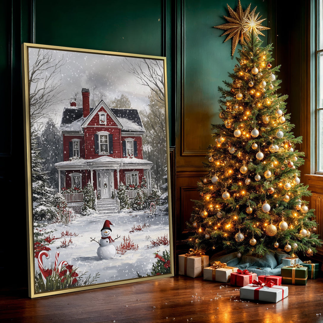 Canvas Print of a snowy Christmas scene with a red house and snowman. Cozy winter art in red, white, and gray tones.