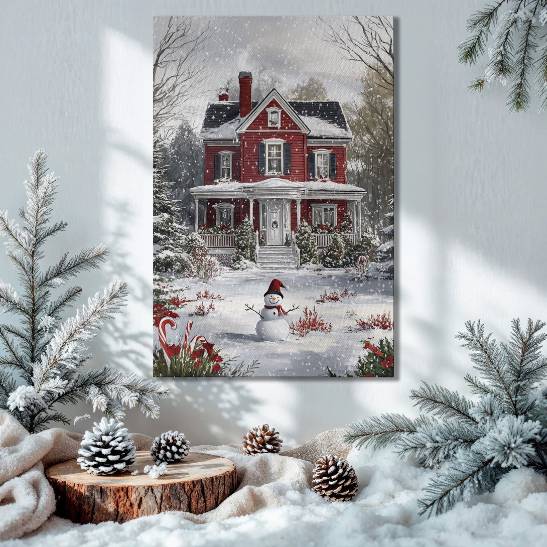 Framed Wall Art: Winter scene Canvas Print of a red house in the snow. Warm, inviting colors. Perfect Christmas decor.