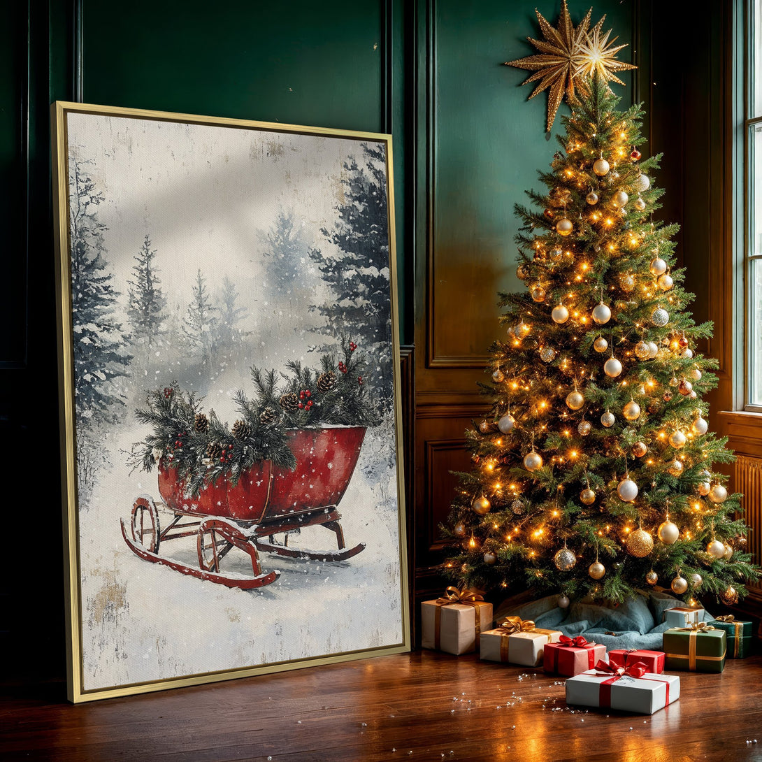 Canvas Print featuring a vintage winter scene with a red sled and snowy forest. Rustic style, neutral and red color palette. Perfect holiday decor!