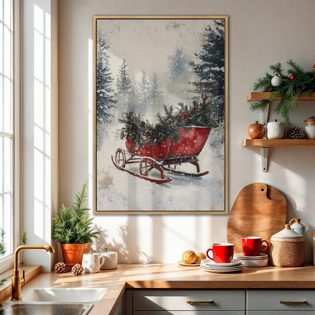 Framed Wall Art: Winter scene with a red sleigh in a snowy forest. Rustic style, featuring a muted blue, white, and red color palette, perfect for holiday decor.