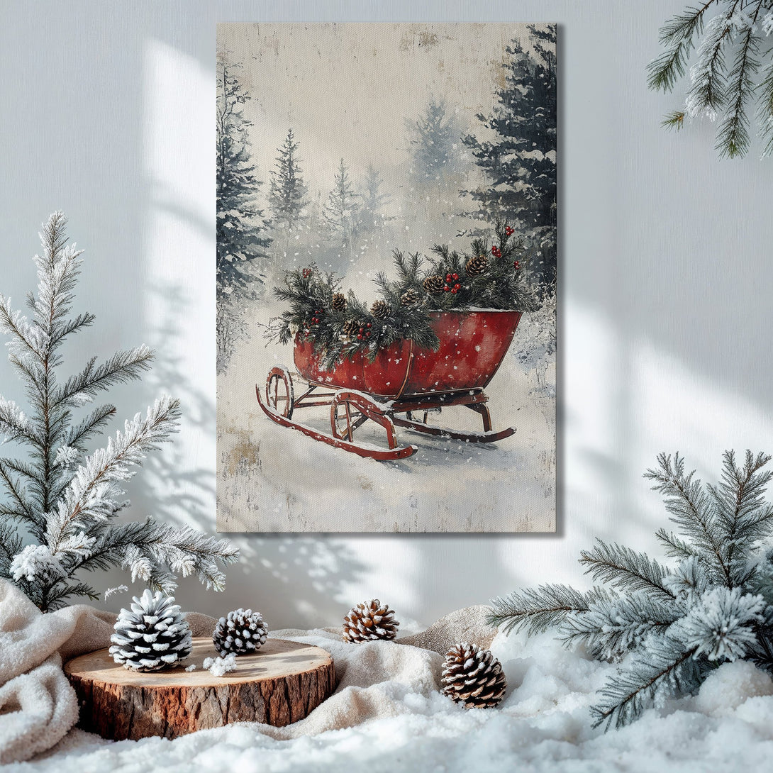 Framed Wall Art: Winter scene Canvas Print with red sleigh, snowy forest, and a warm, inviting color palette. Perfect holiday decor!