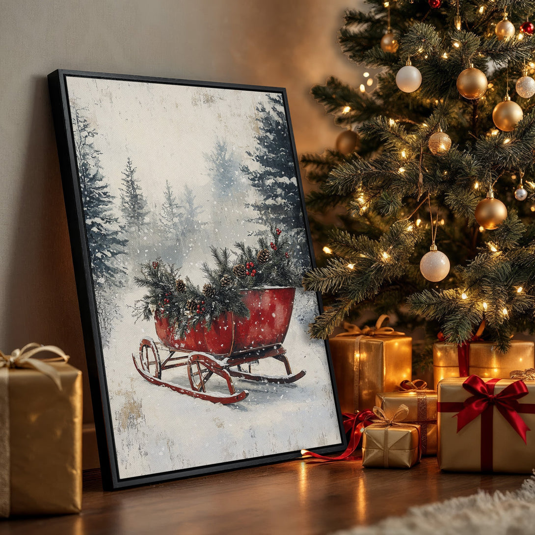 Framed Wall Art: Winter scene with red sleigh, pine trees, and snowy landscape. Rustic style with a warm, inviting red, white, and green color palette. Perfect holiday decor!