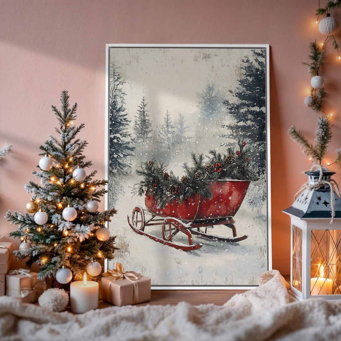 Framed Wall Art: Winter scene Canvas Print with red sleigh, snowy forest, and neutral color palette. Perfect holiday decor!